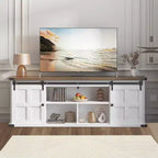 Meuble TV Coolmee de 70 pouces pour téléviseurs jusqu'à 75 pouces avec prise de courant, meuble de divertissement de style ferme avec portes coulissantes de grange et armoires de rangement