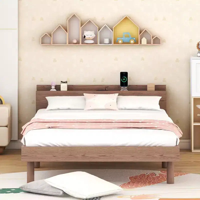 Bellemave Lit plateforme jumeau moderne avec port USB intégré pour couleur noyer