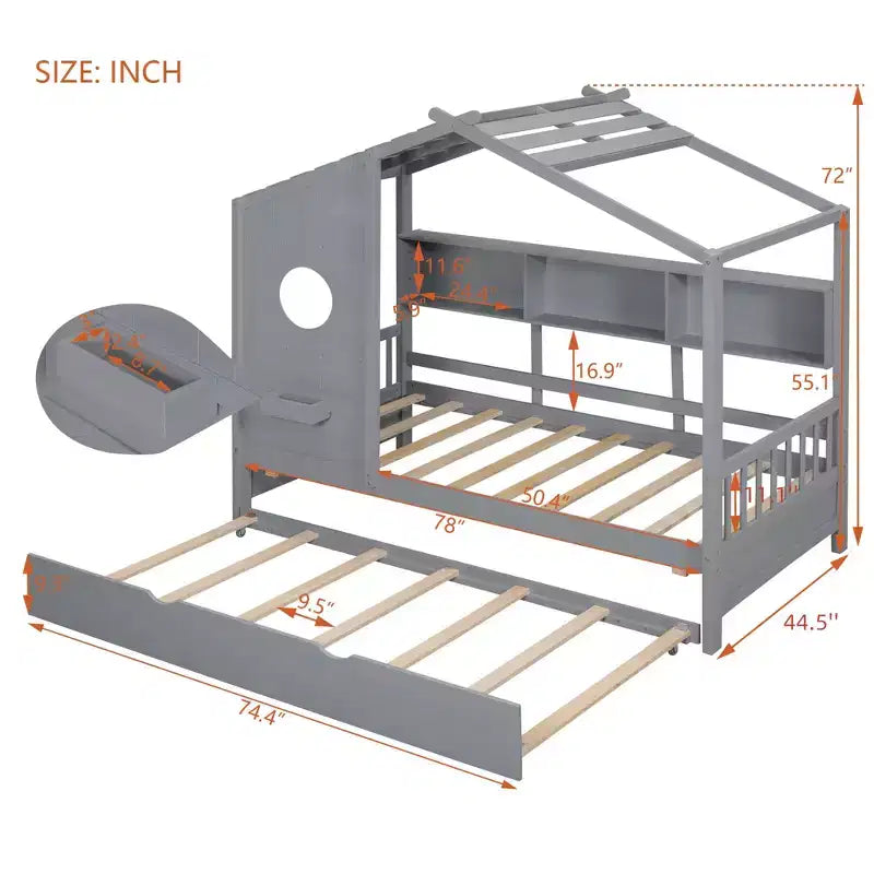 Bellemave Lit cabane jumeau avec lit gigogne pour enfants, cadre de lit jumeau pour enfants avec étagères de rangement, cadre de lit cabane en bois pour filles, garçons, peut être décoré, gris