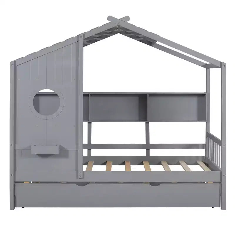 Bellemave Lit cabane jumeau avec lit gigogne pour enfants, cadre de lit jumeau pour enfants avec étagères de rangement, cadre de lit cabane en bois pour filles, garçons, peut être décoré, gris
