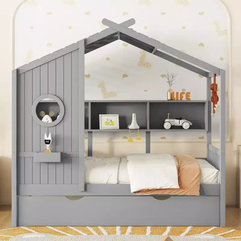 Bellemave Lit cabane jumeau avec lit gigogne pour enfants, cadre de lit jumeau pour enfants avec étagères de rangement, cadre de lit cabane en bois pour filles, garçons, peut être décoré, gris