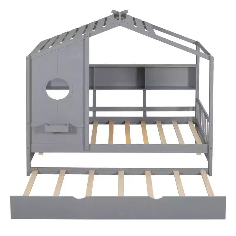 Bellemave Lit cabane jumeau avec lit gigogne pour enfants, cadre de lit jumeau pour enfants avec étagères de rangement, cadre de lit cabane en bois pour filles, garçons, peut être décoré, gris