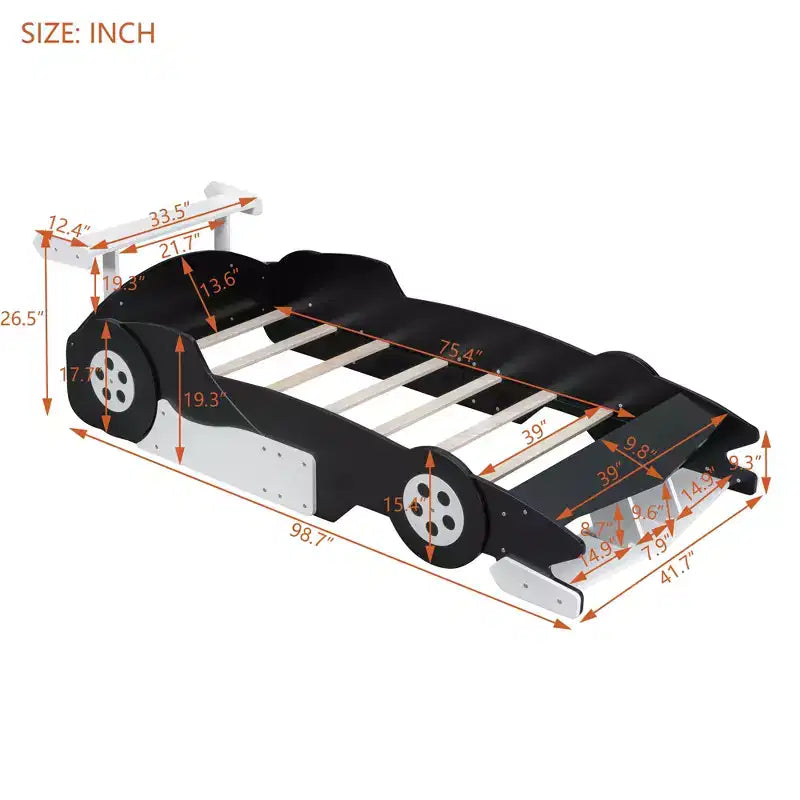 Bellemave Lit de voiture de course double tailleLit de voiture cool avec étagères de rangement, lit de voiture avec roues pour garçons et fillesNoir