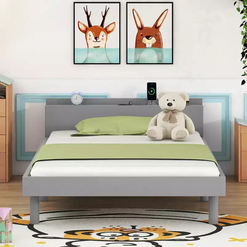 Lit jumeau pour enfants Bellemave avec port USB, lit plateforme en bois pour garçons, filles, adolescents, cadres de lit pour enfants, cadre blanc ou gris