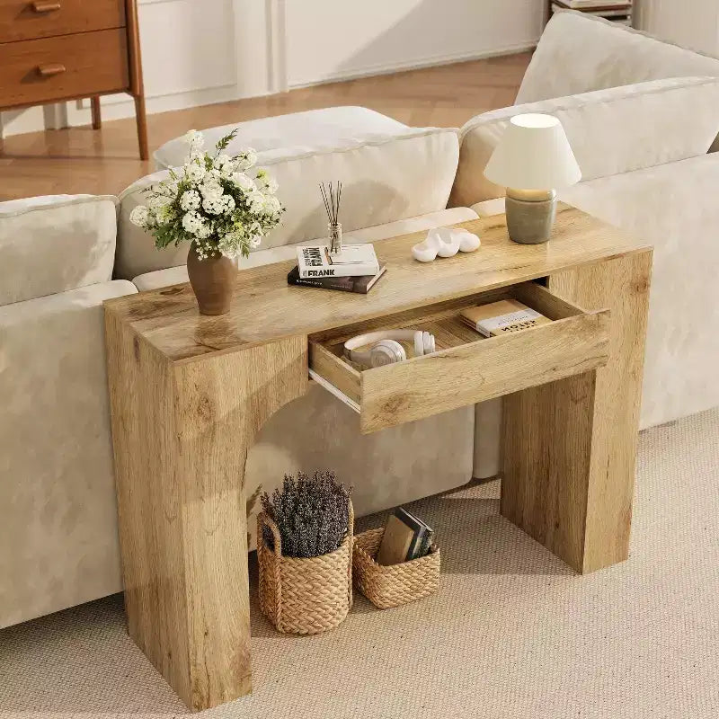 Console rustique de 119 cm avec tiroir, longue table de canapé pour derrière le canapé, table d'entrée et de couloir rustique pour salon, chêne