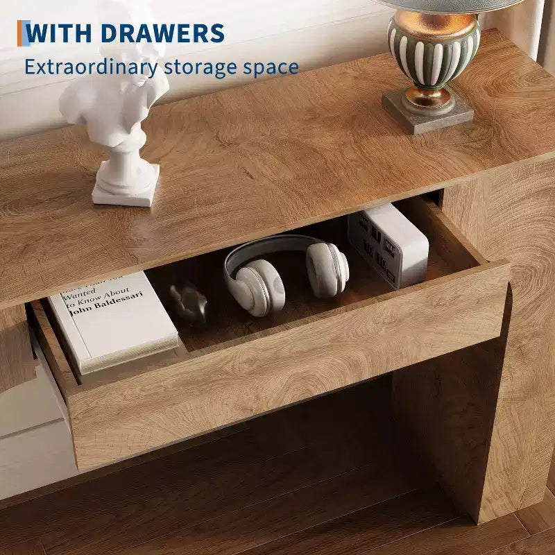 Console rustique de 119 cm avec tiroir, longue table de canapé pour derrière le canapé, table d'entrée et de couloir rustique pour salon, chêne