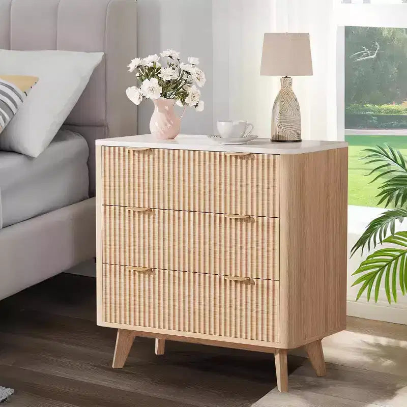 32 Wide Recessed 3 Drawer Modern Nightstand with Gold Handles and Large Drawers, Wooden Nightstand with Curved Profile for Bedroom, Living Room