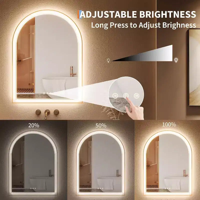 Miroir de salle de bain LED arqué, Miroir de salle de bain doré, Anti-buée, Miroir mural, Luminosité réglable, 3 températures de couleur