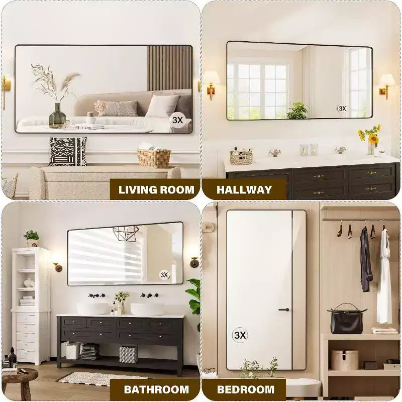 Miroir de salle de bain 72 * 36 avec cadre en métal noir pour meuble-lavabo, miroir mural rectangulaire arrondi, décoration intérieure