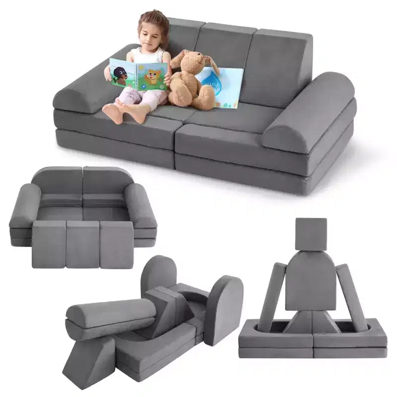 COZONY 10Pcs Kids Play Couch, Modular Foam Sofa with Thick Cushions, Machine Washable Cover, Convertible Fort Building Set for Indoor Playroom Grey