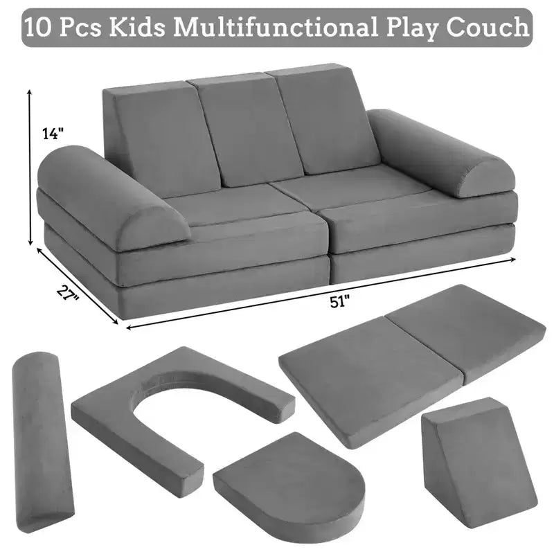 COZONY Canapé de jeu pour enfants 10 pièces, canapé modulaire en mousse avec coussins épais, housse lavable en machine, ensemble de construction de fort convertible pour salle de jeux intérieure Gris