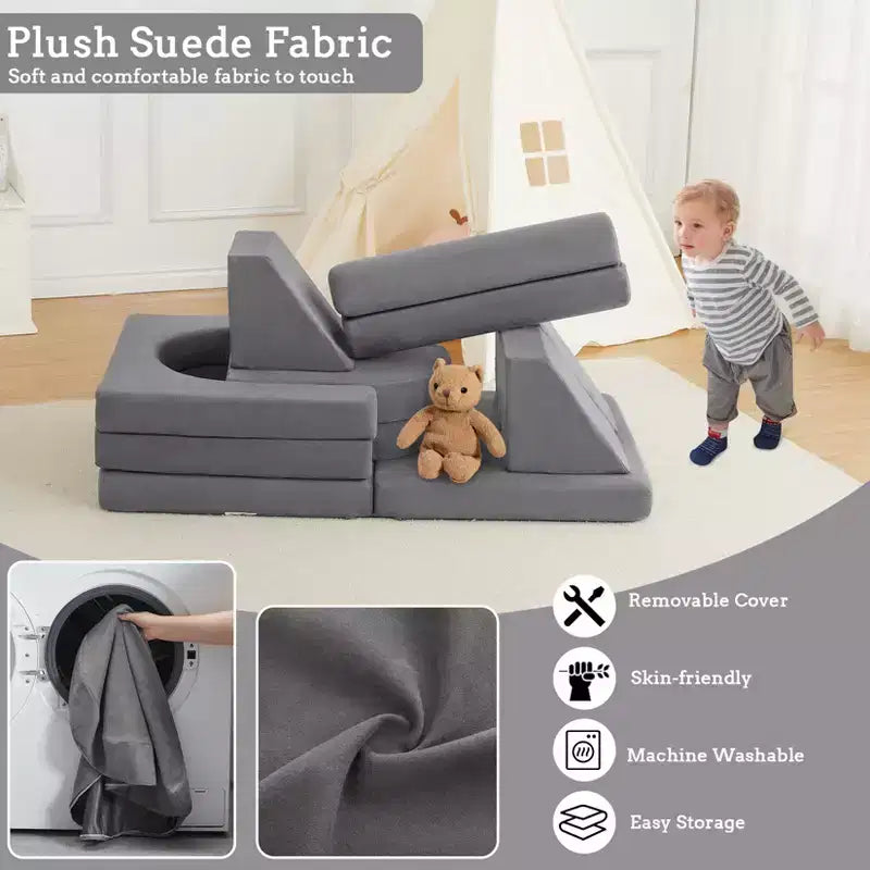 COZONY Canapé de jeu pour enfants 10 pièces, canapé modulaire en mousse avec coussins épais, housse lavable en machine, ensemble de construction de fort convertible pour salle de jeux intérieure Gris