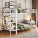 Bellemave Lit Superposé en Métal Jumeau sur Entier avec Étagères à 5 Niveaux, Lits Superposés Robustes pour Enfants/Adolescents, Blanc