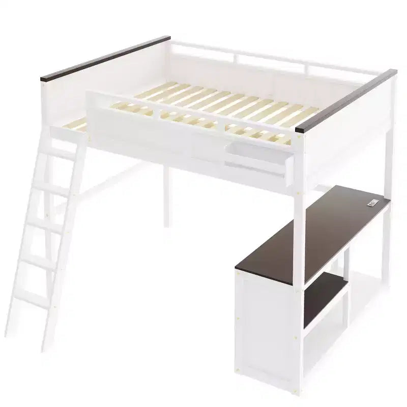 Lit mezzanine queen Bellemave avec bureau, étagère de rangement et station de recharge USB, cadre de lit mezzanine en bois avec lattes et garde-corps, blanc