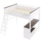 Lit mezzanine queen Bellemave avec bureau, étagère de rangement et station de recharge USB, cadre de lit mezzanine en bois avec lattes et garde-corps, blanc