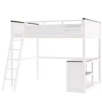 Lit mezzanine queen Bellemave avec bureau, étagère de rangement et station de recharge USB, cadre de lit mezzanine en bois avec lattes et garde-corps, blanc