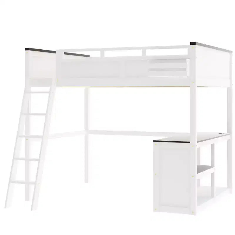 Lit mezzanine queen Bellemave avec bureau, étagère de rangement et station de recharge USB, cadre de lit mezzanine en bois avec lattes et garde-corps, blanc