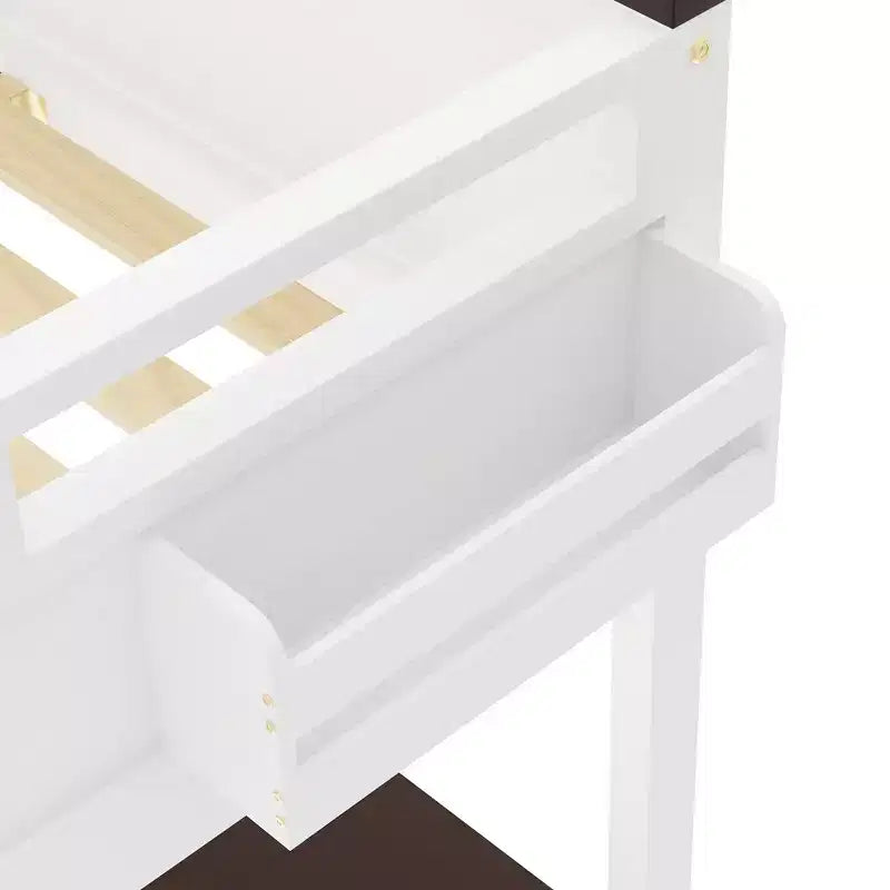 Lit mezzanine queen Bellemave avec bureau, étagère de rangement et station de recharge USB, cadre de lit mezzanine en bois avec lattes et garde-corps, blanc