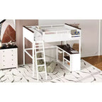 Lit mezzanine queen Bellemave avec bureau, étagère de rangement et station de recharge USB, cadre de lit mezzanine en bois avec lattes et garde-corps, blanc