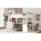 Lit mezzanine queen Bellemave avec bureau, étagère de rangement et station de recharge USB, cadre de lit mezzanine en bois avec lattes et garde-corps, blanc
