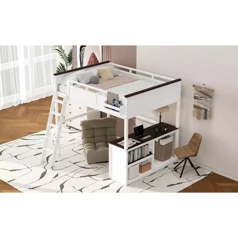 Lit mezzanine queen Bellemave avec bureau, étagère de rangement et station de recharge USB, cadre de lit mezzanine en bois avec lattes et garde-corps, blanc