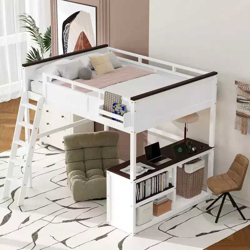 Lit mezzanine queen Bellemave avec bureau, étagère de rangement et station de recharge USB, cadre de lit mezzanine en bois avec lattes et garde-corps, blanc