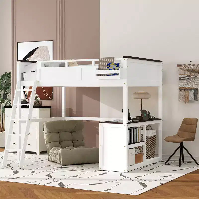 Lit mezzanine queen Bellemave avec bureau, étagère de rangement et station de recharge USB, cadre de lit mezzanine en bois avec lattes et garde-corps, blanc