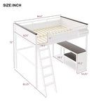 Lit mezzanine queen Bellemave avec bureau, étagère de rangement et station de recharge USB, cadre de lit mezzanine en bois avec lattes et garde-corps, blanc