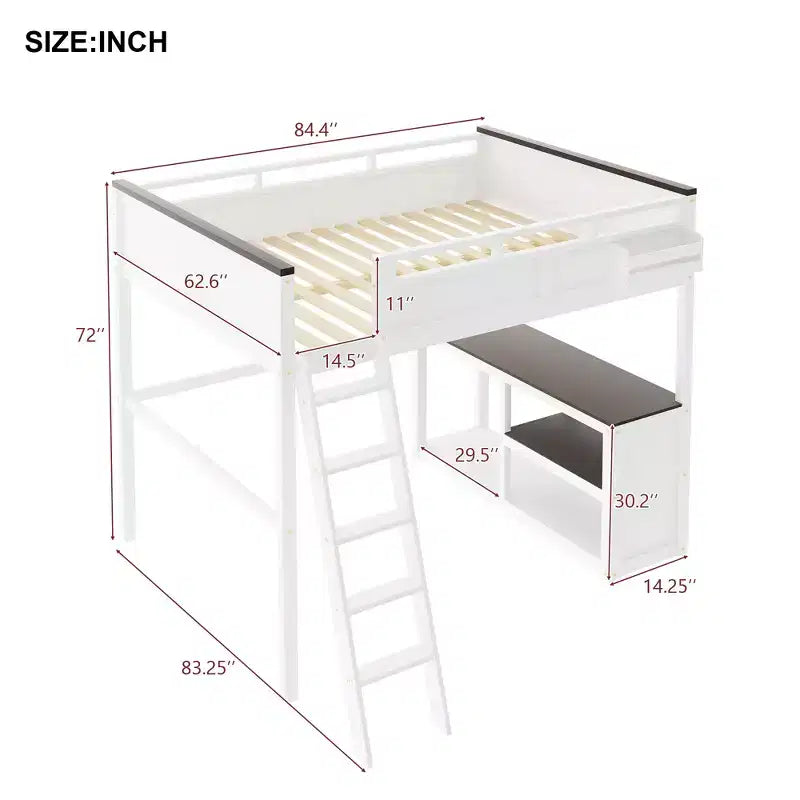 Lit mezzanine queen Bellemave avec bureau, étagère de rangement et station de recharge USB, cadre de lit mezzanine en bois avec lattes et garde-corps, blanc