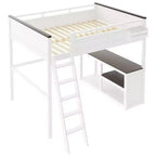 Lit mezzanine queen Bellemave avec bureau, étagère de rangement et station de recharge USB, cadre de lit mezzanine en bois avec lattes et garde-corps, blanc