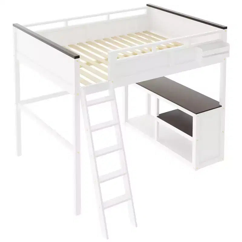 Lit mezzanine queen Bellemave avec bureau, étagère de rangement et station de recharge USB, cadre de lit mezzanine en bois avec lattes et garde-corps, blanc