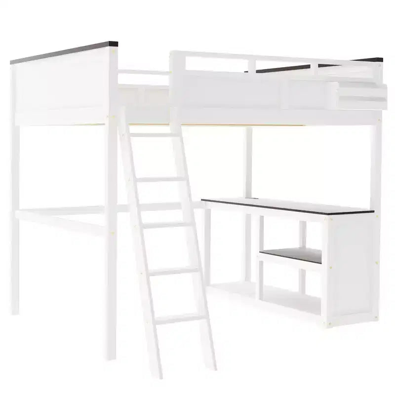 Lit mezzanine queen Bellemave avec bureau, étagère de rangement et station de recharge USB, cadre de lit mezzanine en bois avec lattes et garde-corps, blanc