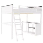 Lit mezzanine queen Bellemave avec bureau, étagère de rangement et station de recharge USB, cadre de lit mezzanine en bois avec lattes et garde-corps, blanc