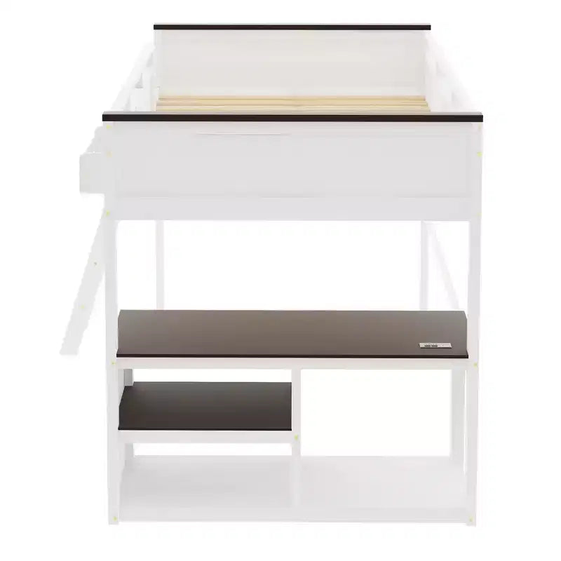Lit mezzanine queen Bellemave avec bureau, étagère de rangement et station de recharge USB, cadre de lit mezzanine en bois avec lattes et garde-corps, blanc
