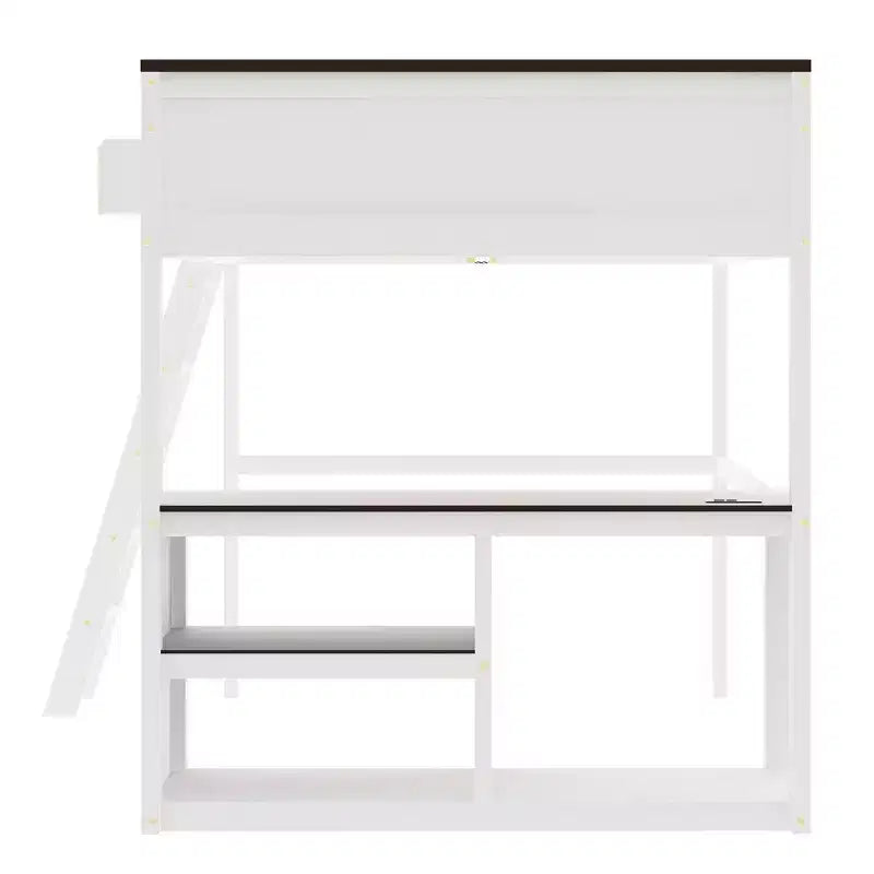 Lit mezzanine queen Bellemave avec bureau, étagère de rangement et station de recharge USB, cadre de lit mezzanine en bois avec lattes et garde-corps, blanc