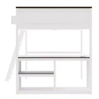 Lit mezzanine queen Bellemave avec bureau, étagère de rangement et station de recharge USB, cadre de lit mezzanine en bois avec lattes et garde-corps, blanc