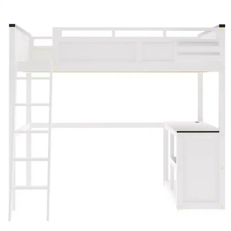 Lit mezzanine queen Bellemave avec bureau, étagère de rangement et station de recharge USB, cadre de lit mezzanine en bois avec lattes et garde-corps, blanc