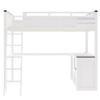 Lit mezzanine queen Bellemave avec bureau, étagère de rangement et station de recharge USB, cadre de lit mezzanine en bois avec lattes et garde-corps, blanc