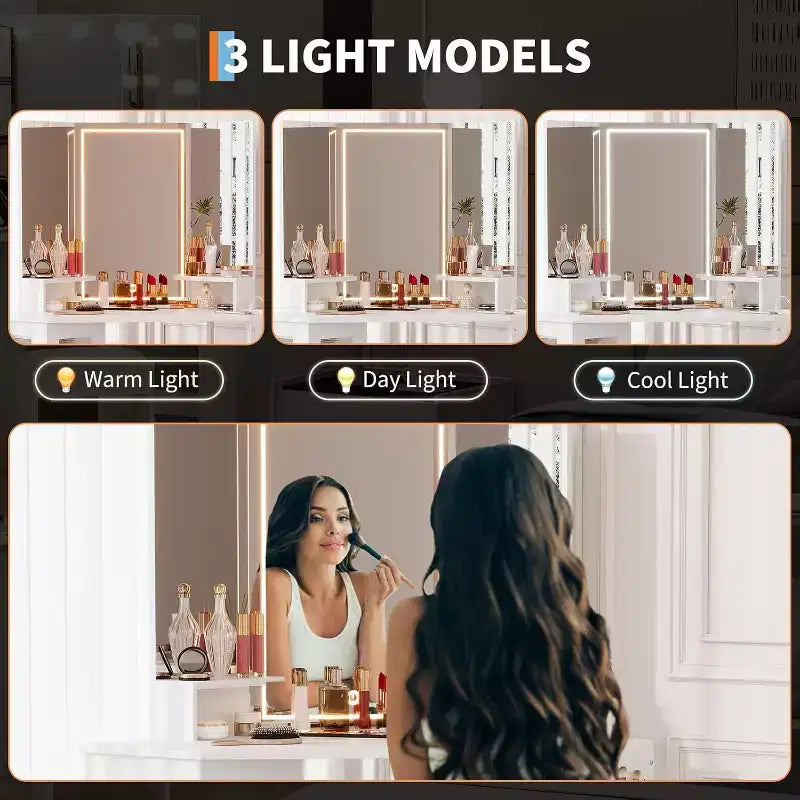 Coiffeuse d'angle avec miroir lumineux LED, 3 modes d'éclairage, tabouret, rangement et prise électrique, coiffeuse moderne pour chambre à coucher, studio de maquillage
