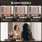 Coiffeuse d'angle avec miroir lumineux LED, 3 modes d'éclairage, tabouret, rangement et prise électrique, coiffeuse moderne pour chambre à coucher, studio de maquillage