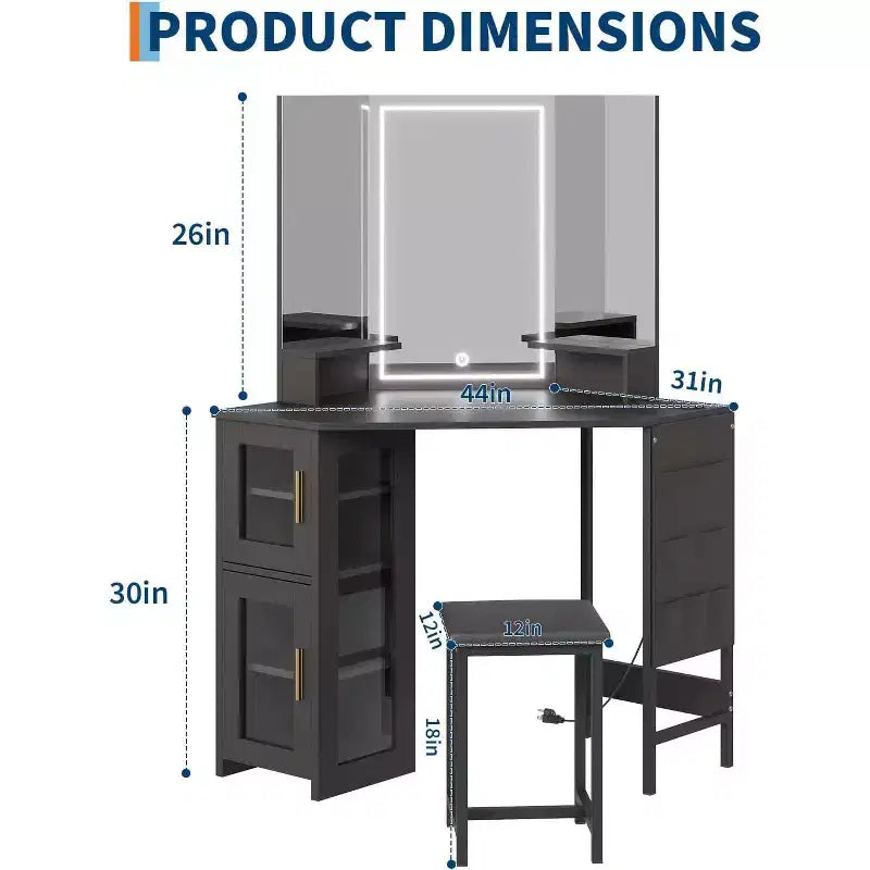 Coiffeuse d'angle avec miroir lumineux LED, 3 modes d'éclairage, tabouret, rangement et prise électrique, coiffeuse moderne pour chambre à coucher, studio de maquillage