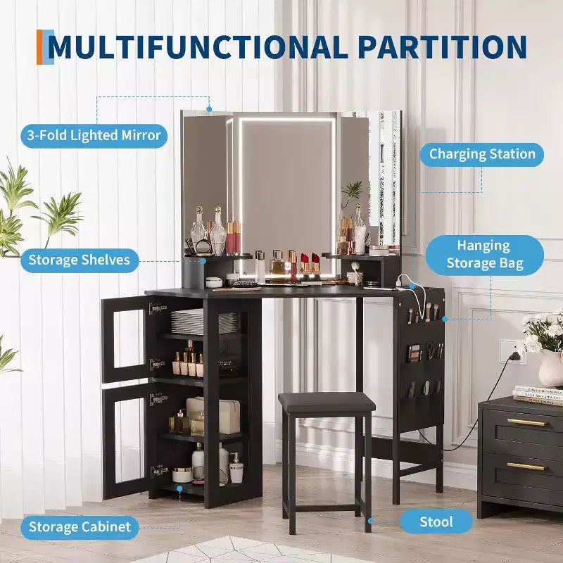 Coiffeuse d'angle avec miroir lumineux LED, 3 modes d'éclairage, tabouret, rangement et prise électrique, coiffeuse moderne pour chambre à coucher, studio de maquillage
