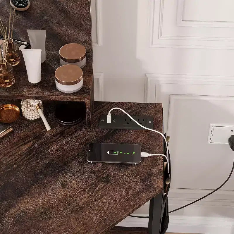 Coiffeuse d'angle avec miroir lumineux LED, 3 modes d'éclairage, tabouret, rangement et prise électrique, coiffeuse moderne pour chambre à coucher, studio de maquillage