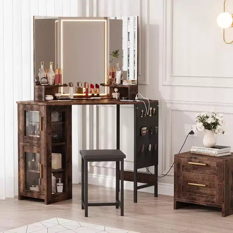 Coiffeuse d'angle avec miroir lumineux LED, 3 modes d'éclairage, tabouret, rangement et prise électrique, coiffeuse moderne pour chambre à coucher, studio de maquillage