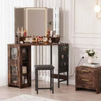 Coiffeuse d'angle avec miroir lumineux LED, 3 modes d'éclairage, tabouret, rangement et prise électrique, coiffeuse moderne pour chambre à coucher, studio de maquillage