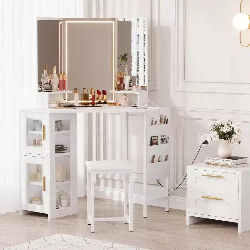 Coiffeuse d'angle avec miroir lumineux LED, 3 modes d'éclairage, tabouret, rangement et prise électrique, coiffeuse moderne pour chambre à coucher, studio de maquillage