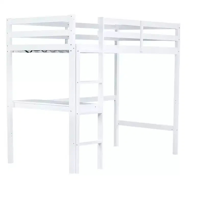 Lit mezzanine double Bellemave en bois avec bureau, lit mezzanine double moderne avec garde-corps, bureau et échelle intégrés, blanc