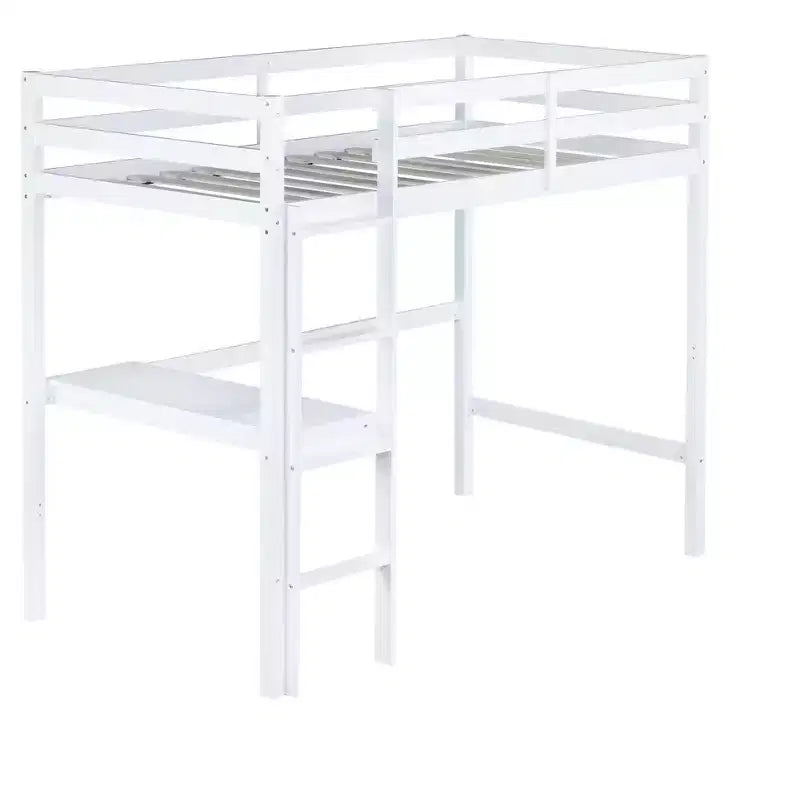 Lit mezzanine double Bellemave en bois avec bureau, lit mezzanine double moderne avec garde-corps, bureau et échelle intégrés, blanc