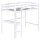 Lit mezzanine double Bellemave en bois avec bureau, lit mezzanine double moderne avec garde-corps, bureau et échelle intégrés, blanc