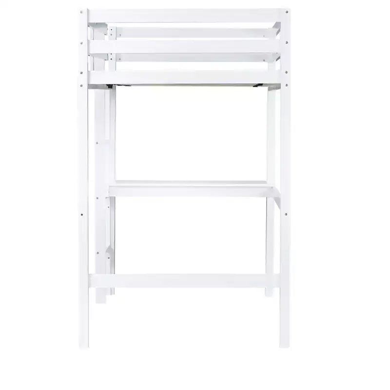Lit mezzanine double Bellemave en bois avec bureau, lit mezzanine double moderne avec garde-corps, bureau et échelle intégrés, blanc